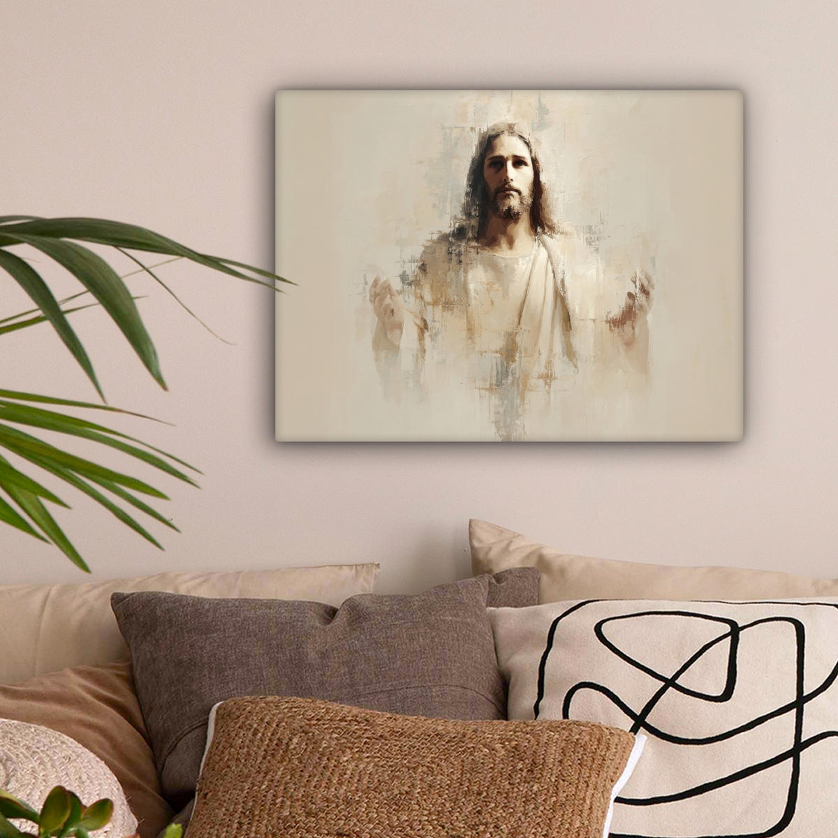 LEINWANDBILD Porträt - Abstrakt - Jesus - Beige Wandbild 40x30 cm - Beige, Textil (40/30cm) - MuchoWow