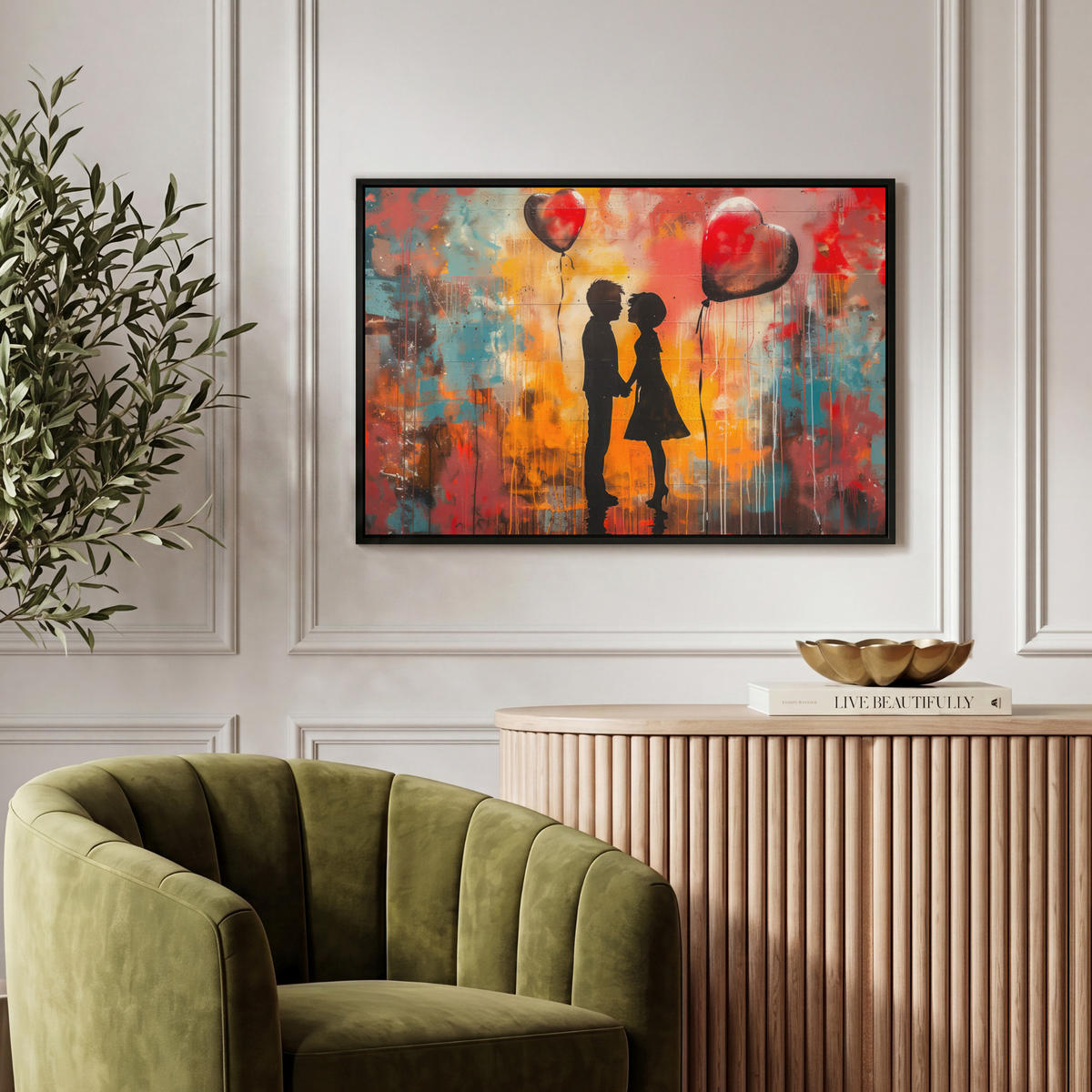 LEINWAND Bilder mit Rahmen - Straßenkunst - Liebe - Graffiti - Kunst - Banksy - 60x40 - Orange, Textil (60/40cm) - MuchoWow
