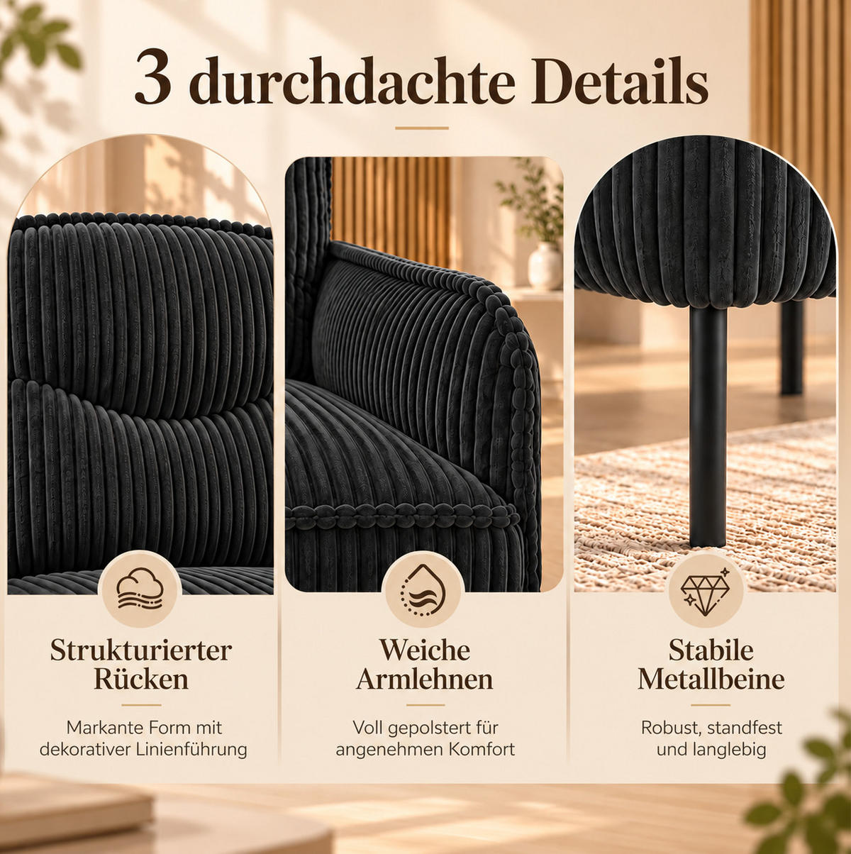 2-SITZER Sofa 122/73/83 cm Cordstoff mit Seitentaschen und Metallbeinen Schwarz - Schwarz, Textil/Metall (73/83/122cm) - Redom