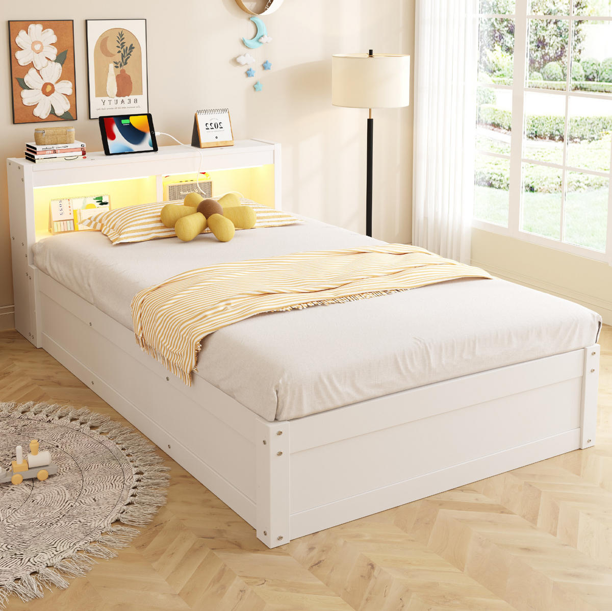 BETT 90/200 cm aus MDF mit LED-Lichtleiste, Weiß - Weiß, Holzwerkstoff (90/200cm) - OKMYHOME