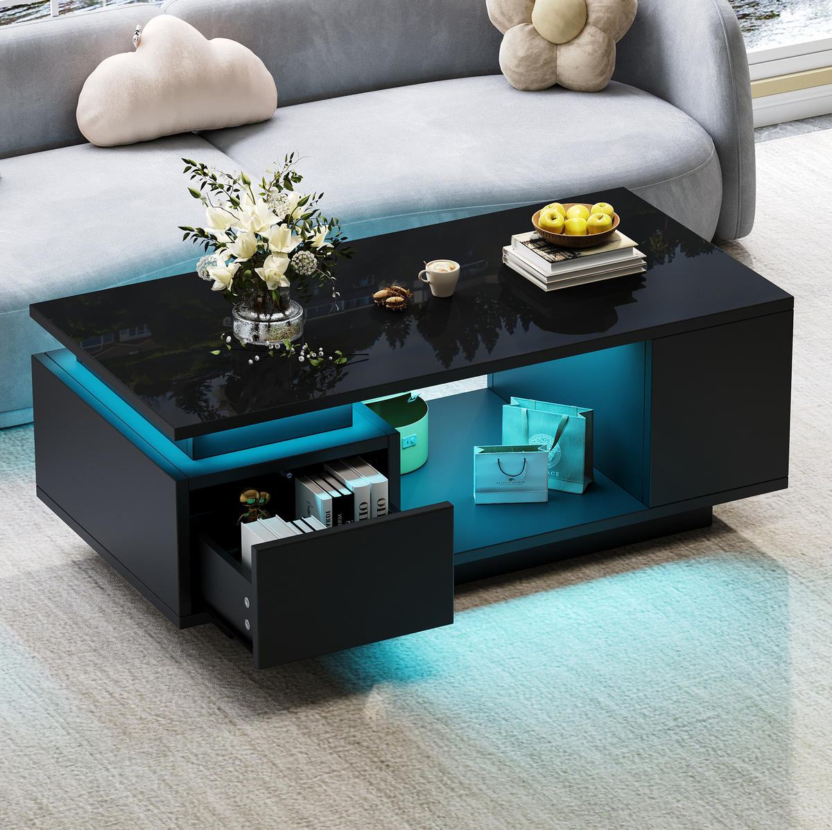 COUCHTISCH mit Schublade und LED 100 x 50 x 36 cm Schwarz - Schwarz, Holzwerkstoff (100/50/36cm) - Meubliv