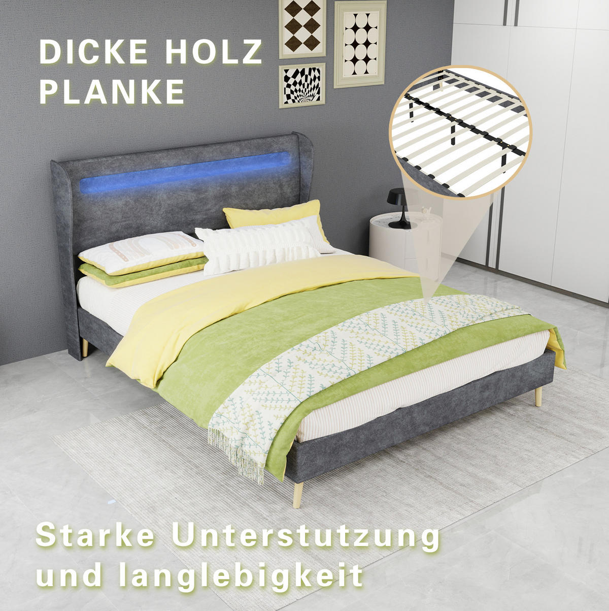 POLSTERBETT 140/200 cm mit LED-Beleuchtung, verstellbarer Rückenlehne und Matratze, Grau - Grau, Textil (140/200cm) - Redom