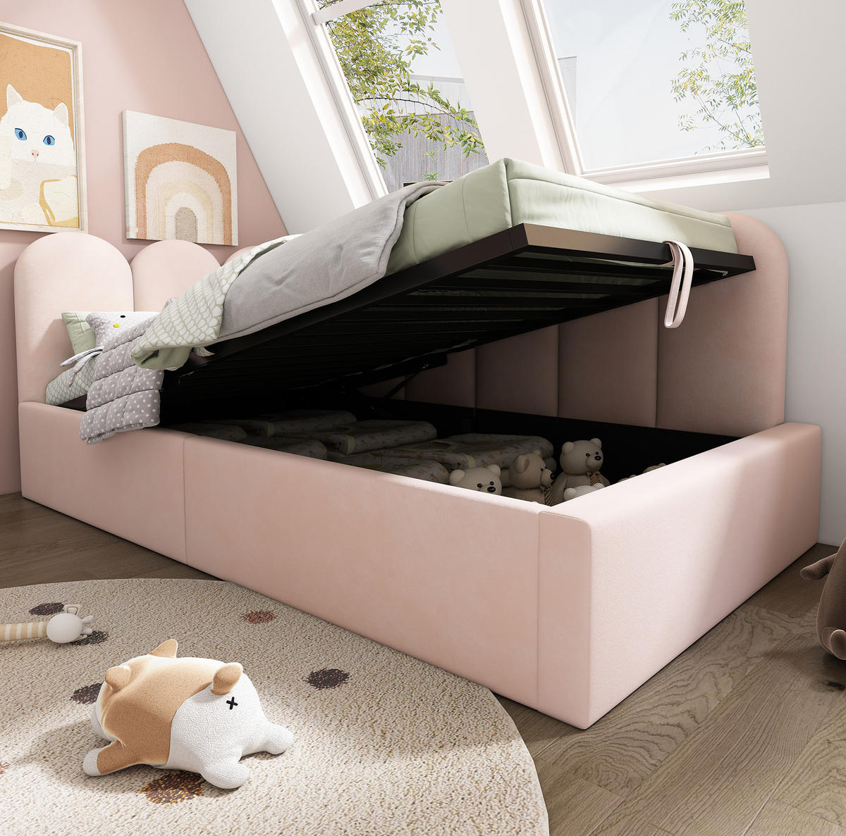 POLSTERBETT aus Samt 90x200 cm in Rosa mit hydraulischem Stauraum - Rosa, Textil (90/200cm) - Modfu