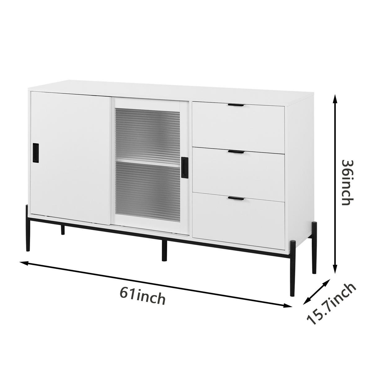 SIDEBOARD aus Holzwerkstoff mit geriffeltem Glaseinsatz und 3 Schubladen Weiß - Weiß, Holzwerkstoff (155/91.5/40cm) - Modenvie
