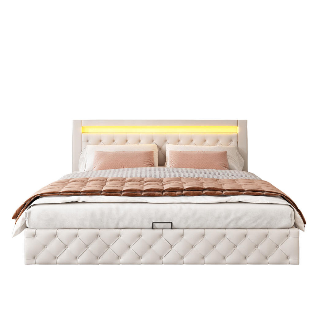 OKWISH ČALOUNĚNÁ postel 180/200 cm bílá z PU s LED osvětlením a úložným prostorem