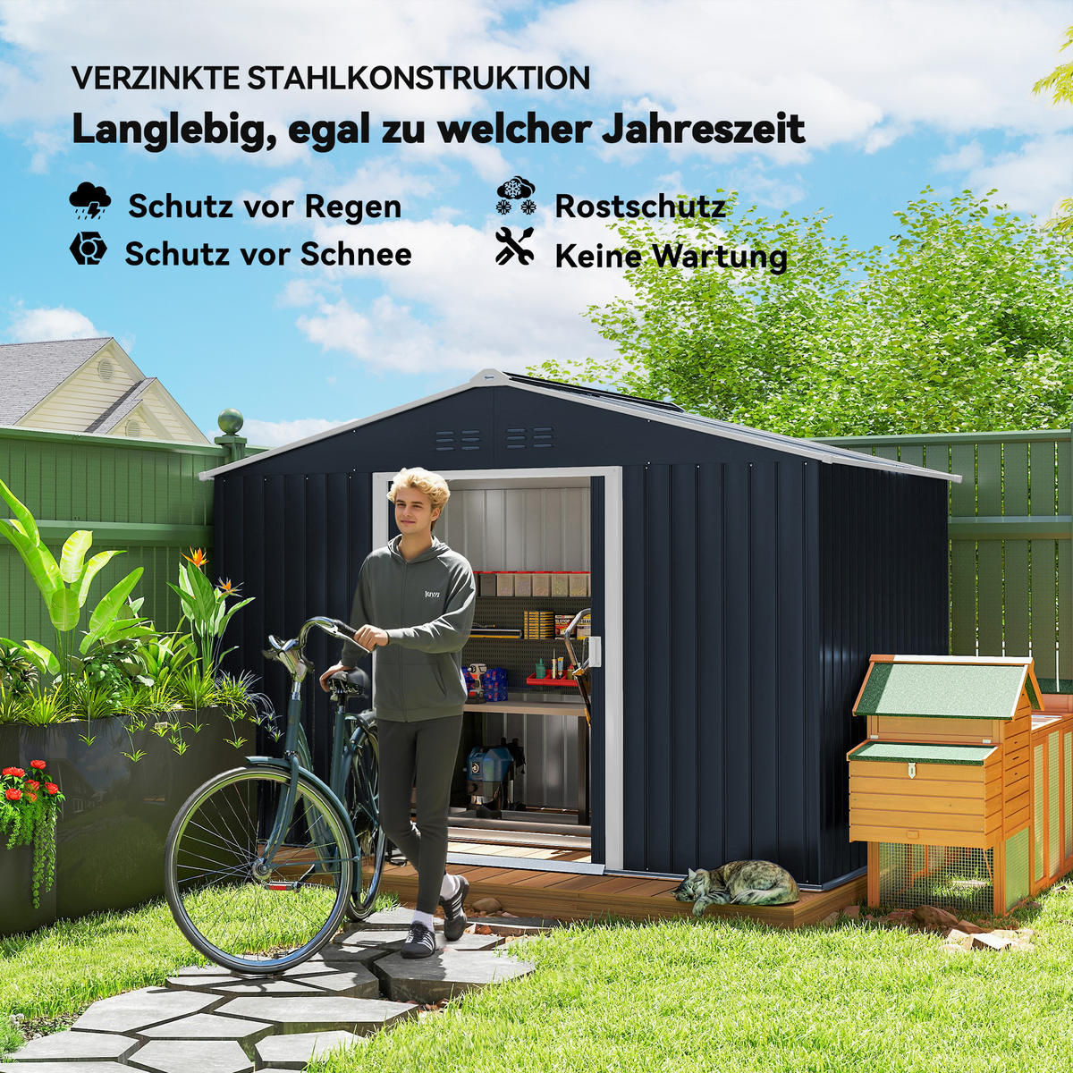 VERZINKTER Stahl Gerätehaus 4,9m² 277x195x192cm Geräteschuppen mit Satteldach - Dunkelgrau, Metall (195/192/277cm) - Outsunny