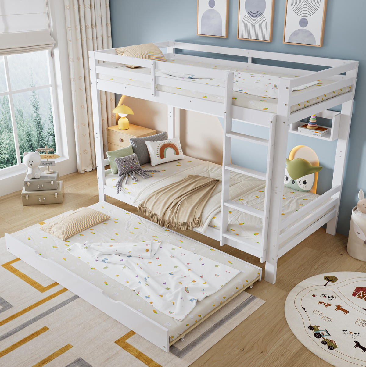ETAGENBETT 90/200 cm in Weiß mit Ausziehbett und Regal - Weiß, Holz - BEAOK