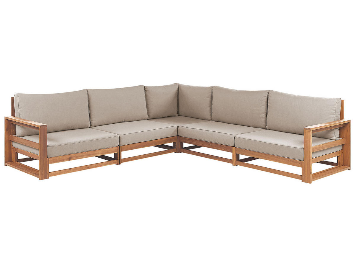 LOUNGE-SET 5-Sitzer zertifiziertes hellbraun modular Auflagen taupe Timor II - Taupe, Holz - Beliani