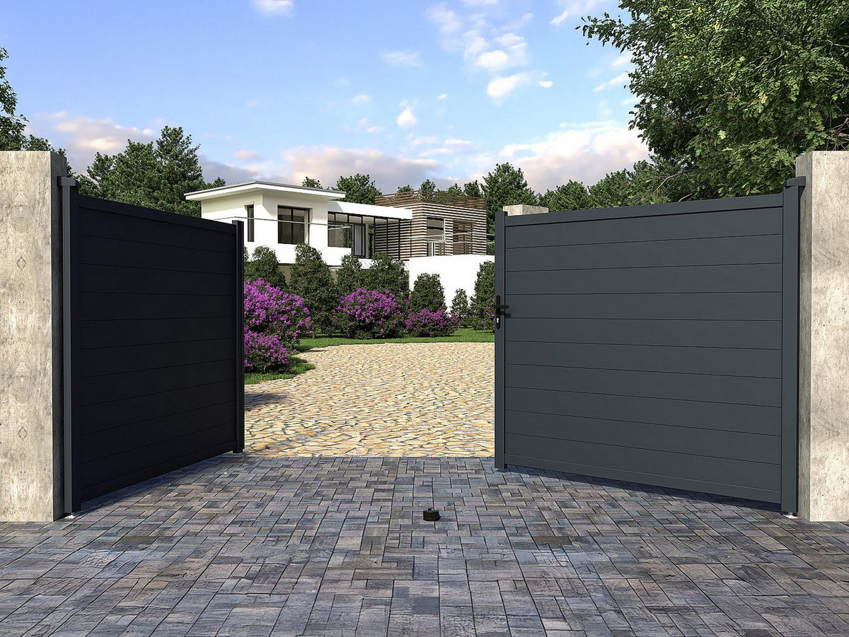 GARTENTOR Flügeltor Doppeltor - 397 x 181 cm - voll - Aluminium - Anthrazit - NAZARIO - Anthrazit, Metall (392/176cm) - Vente-Unique