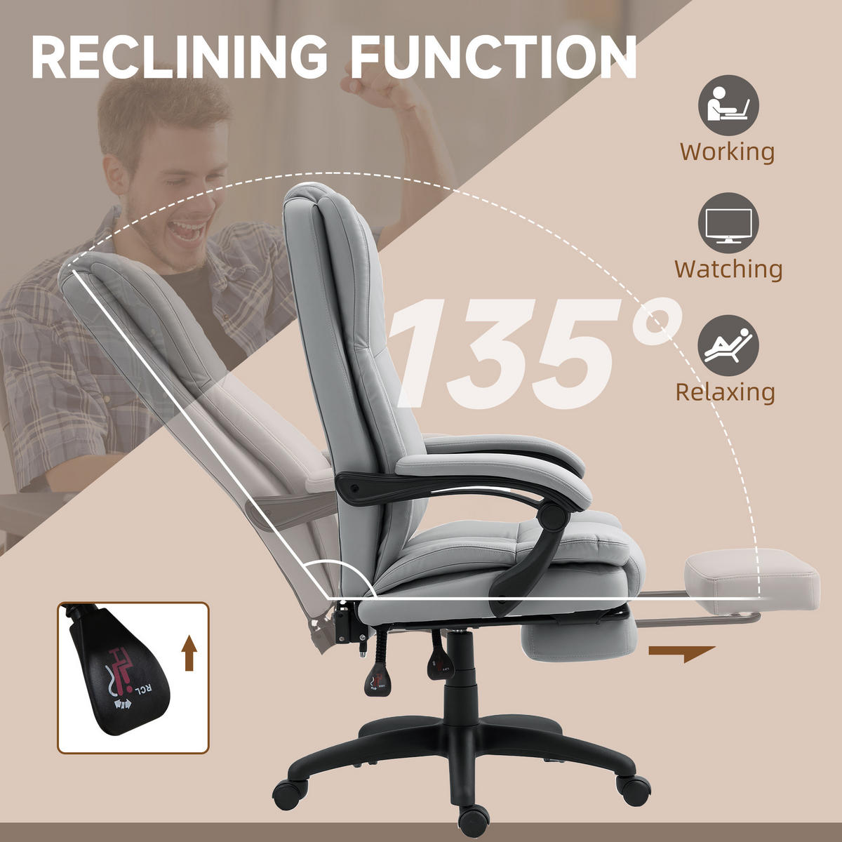 BÜROSTUHL mit 5 Massagemodi, Ergonomisch Schreibtischstuhl mit Liegefunktion - Hellgrau/Schwarz, Kunststoff (68.5/121/68.5cm) - Vinsetto