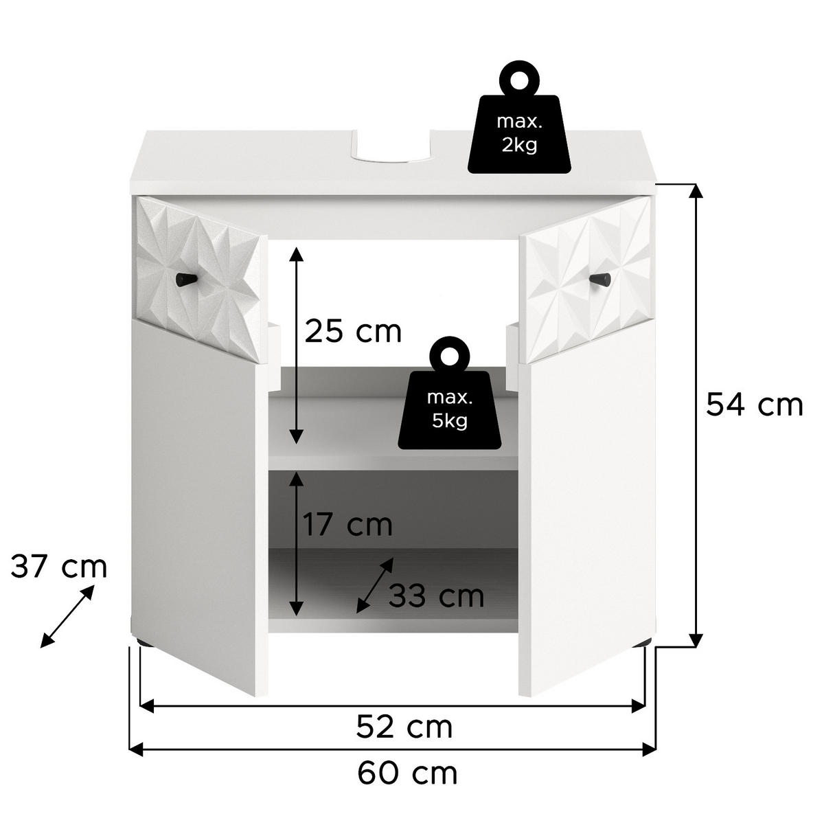 WASCHBECKENUNTERSCHRANK weiß Hochglanz 60 cm, Badschrank mit 3D-Struktur - Weiß Hochglanz/Schwarz, Holzwerkstoff/Kunststoff (60/54/34cm) - Inn.Furn