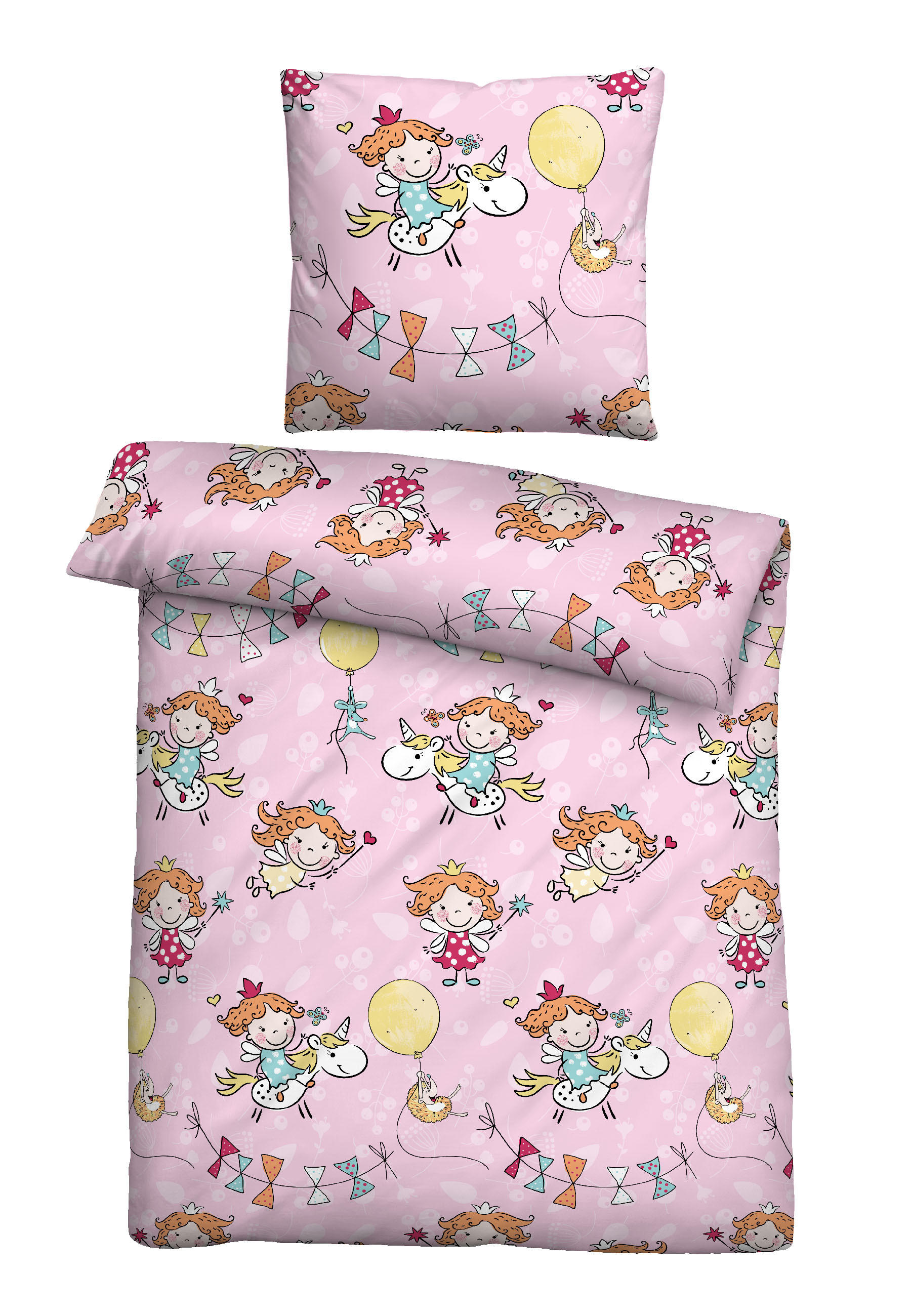 BETTWÄSCHE-GARNITUR Biber Einhorn rose, 135x200 cm + 80x80 cm - Rosa, Textil (135/200cm) - biberna