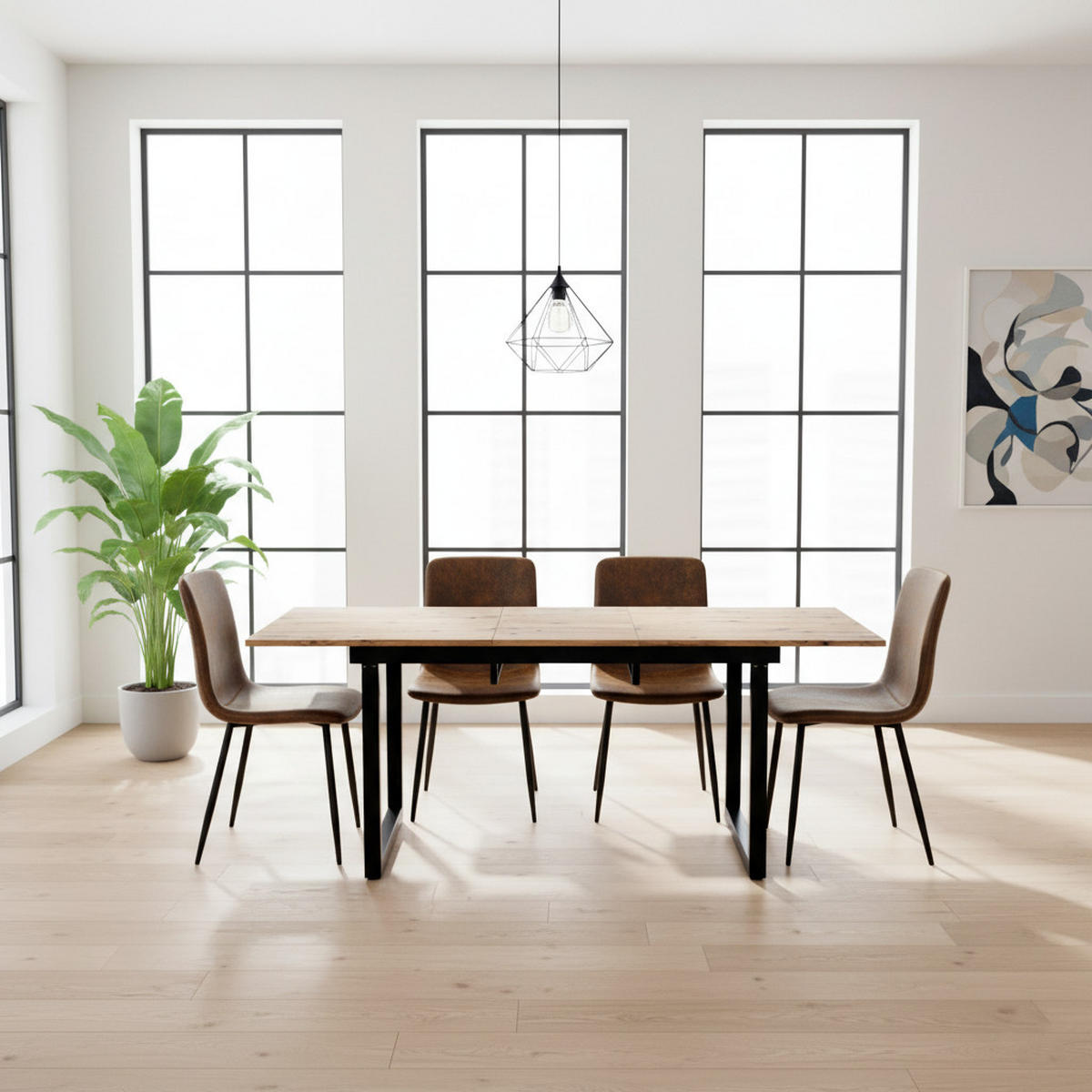 TISCHGRUPPE 5-teilig Ausziehtisch 140–180 cm U-Gestell & 4 Polsterstühle Vintage-Braun - Schwarz/Eiche San Remo, Holzwerkstoff/Textil (180/75/80cm) - Urban Meuble