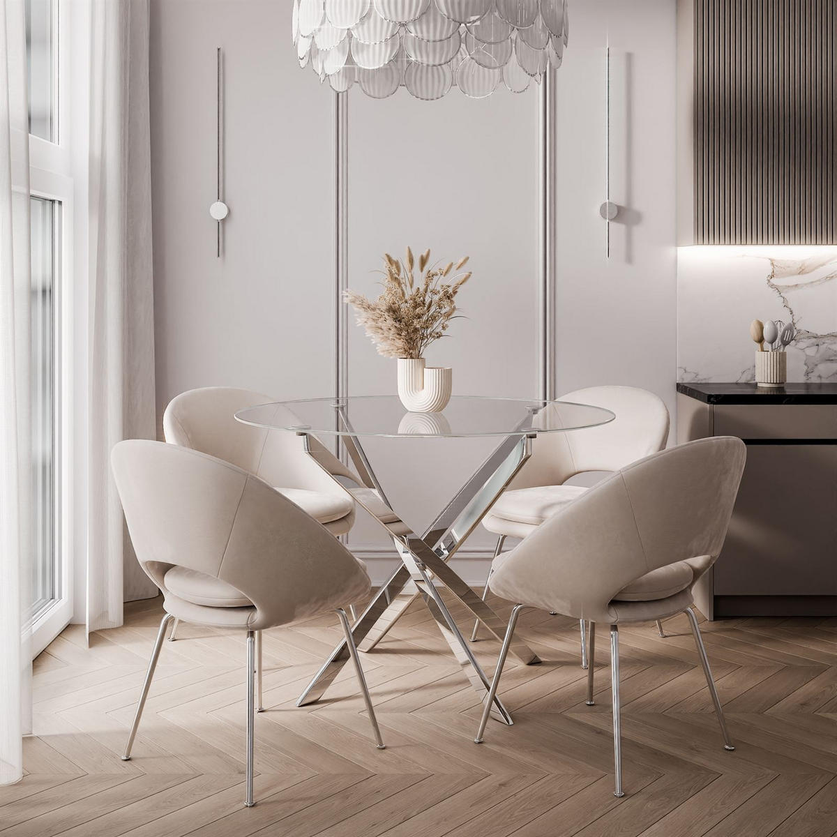 ESSTISCH BEIRA Runder Tisch 90 cm mit Glasplatte und Chrom Tischbeine - Chromfarben/Goldfarben, Glas (90/90/72cm) - Lookway