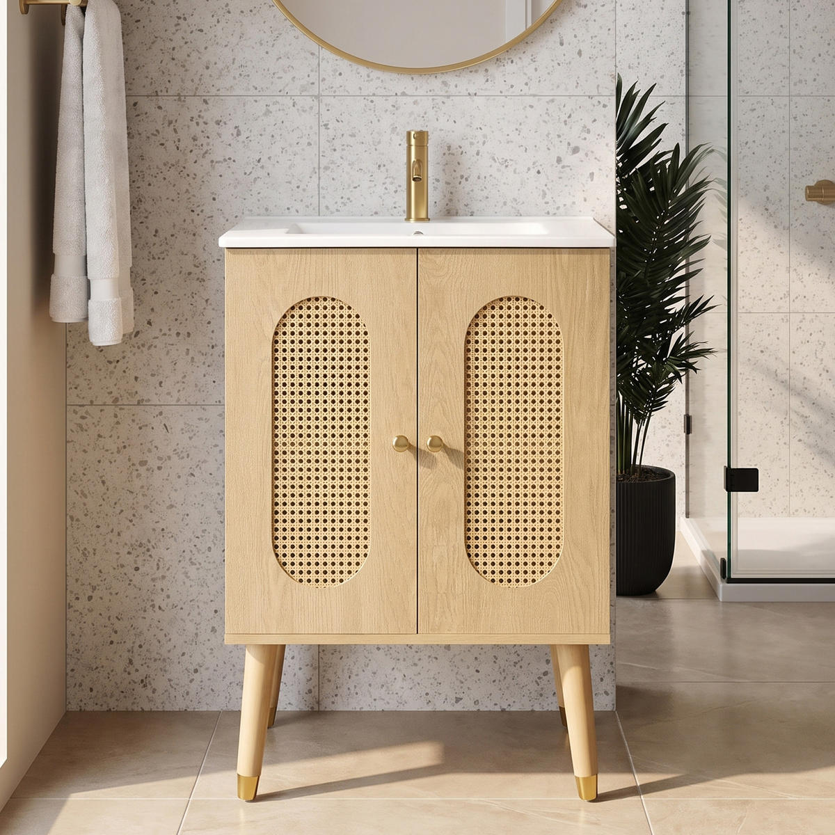 KOUPELNOVÁ SKŘÍŇKA S UMYVADLEM přírodní dřevo 61 cm, ratanové dveře - přírodní, kompozitní dřevo (61/89/47cm) - Urban Meuble