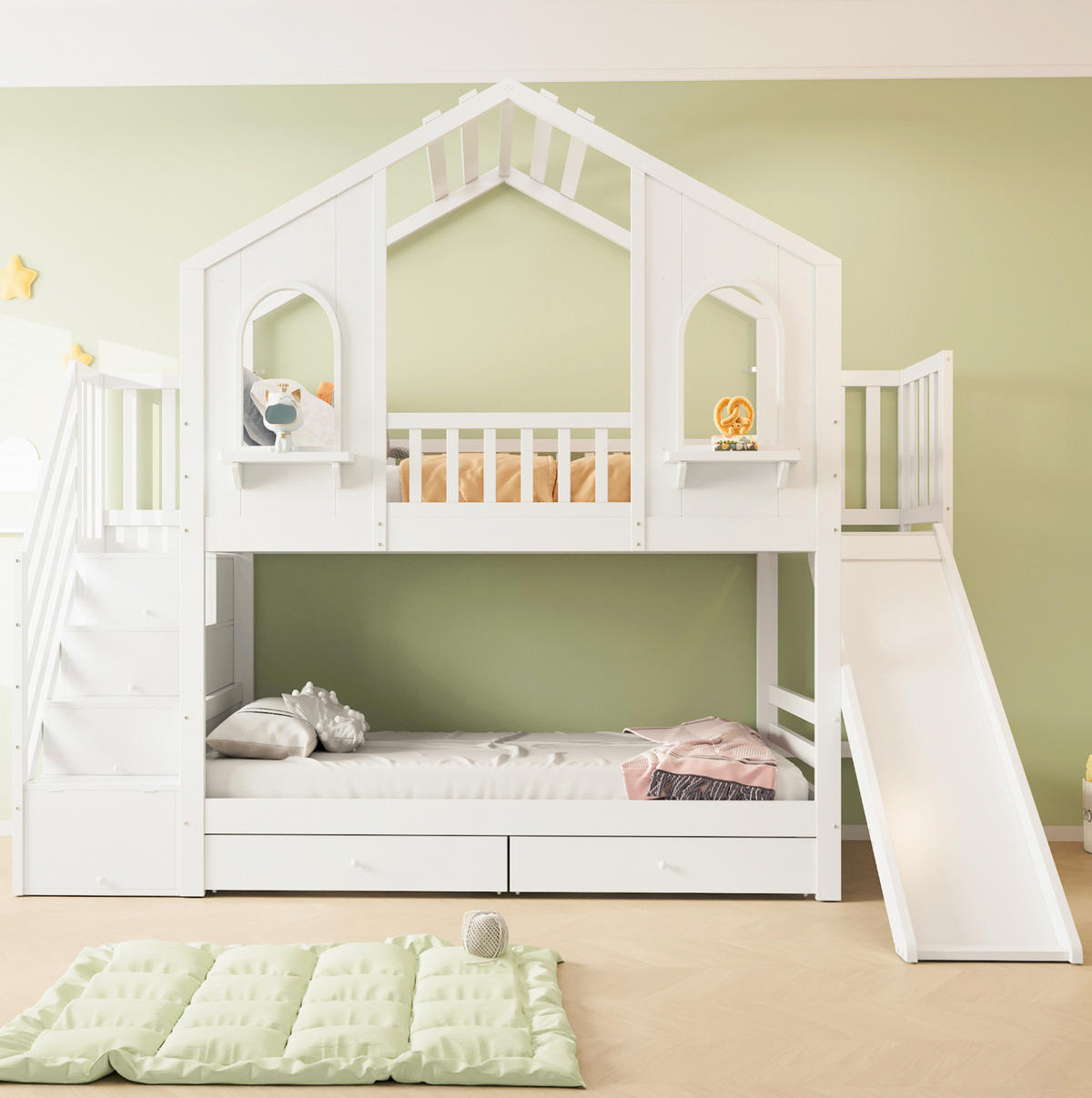 POSCHODOVÁ posteľ 90/200 cm biela s úložným rebríkom, šmykľavkou a zásuvkami z dreva - biela, kompozitné drevo (90/200cm) - OKWISH