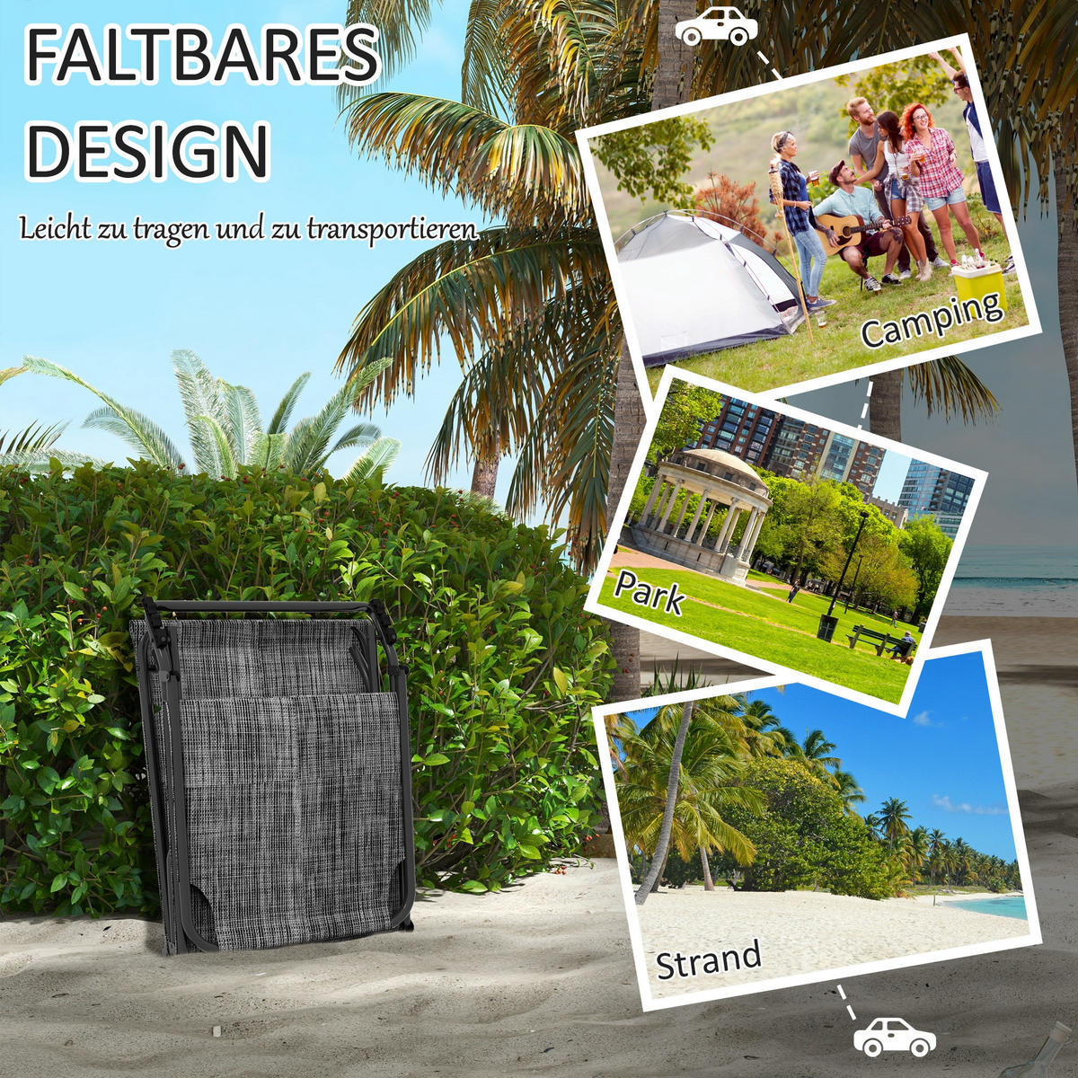 CAMPINGLIEGE, Klappbett mit Kopfkissen, verstellbarem Rückenlehne, Stahl, Grau - Grau, Textil/Metall (189/30/68cm) - Outsunny