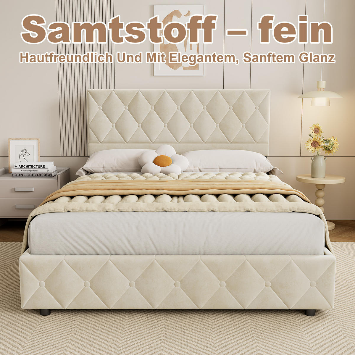 POLSTERBETT 140/200 cm mit Bettkasten in Beige Samt, ohne Matratze - Beige, Holzwerkstoff/Textil (140/200cm) - WISHDOR