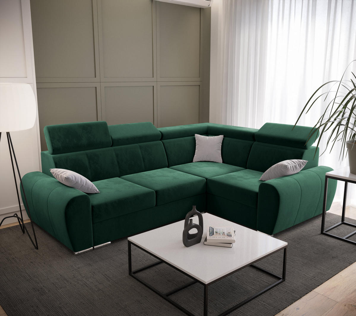 ECKSOFA APOLLO KN08, Eckcouch in L-Form mit Schlaffunktion, Farbe: Grün, Velourstoff, Ottomane Rechts - Grün, Textil (255/190cm) - O-Sofa