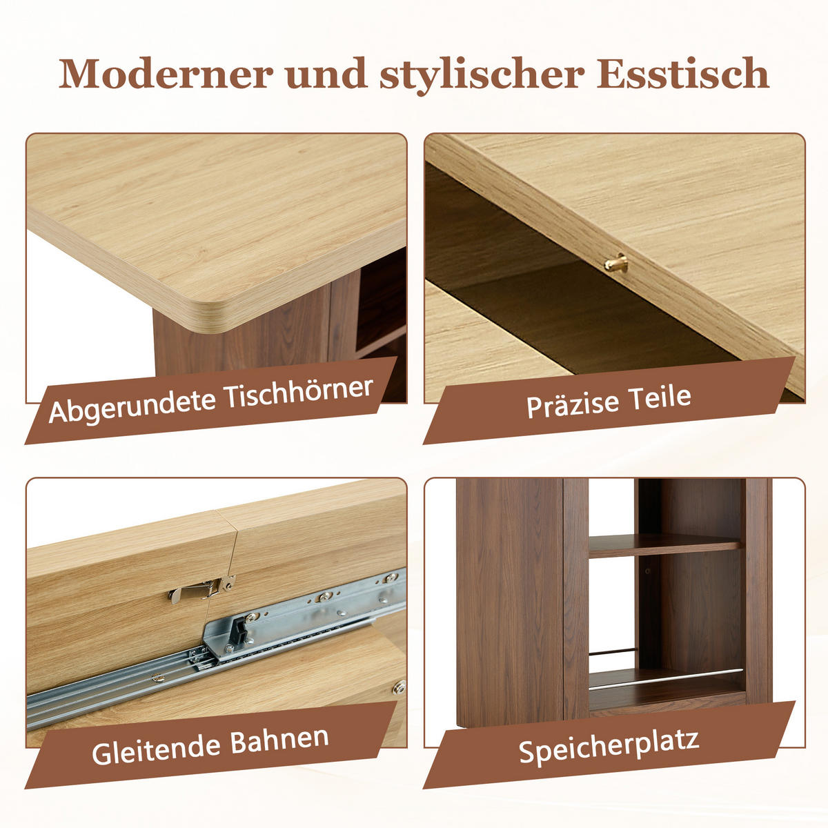 ESSTISCH ausziehbarer Naturholz + Walnuss mit Stauraum und integrierten Fächern 130-160/80/75.5 cm - Naturfarben, Holz (80/160/75.5cm) - Oxeza