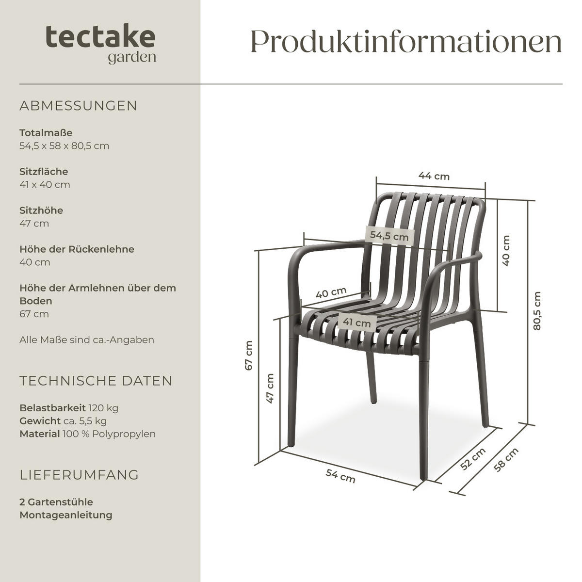 GARTENSTÜHLE Alcudia,54,5 x 58 x 80,5 cm, Belastbarkeit 120 kg,anthrazit - Anthrazit, Textil (54.5/80.5/58cm) - tectake