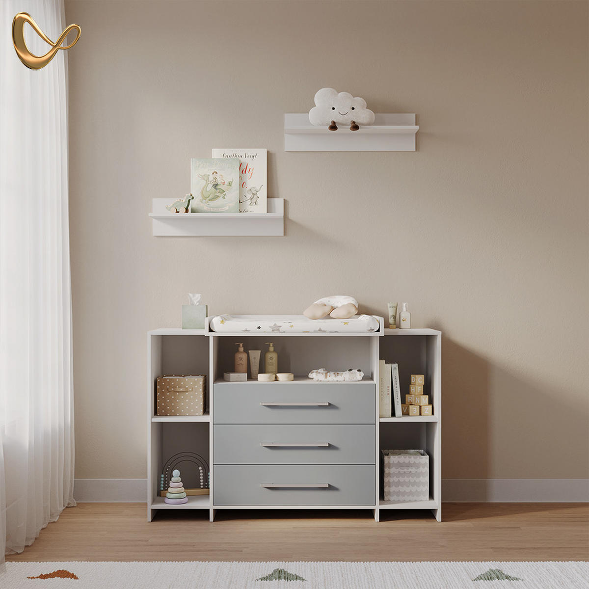 WICKELKOMMODE Torino Weiß/Grau XL mit Schubladen - Weiß/Grau, Holzwerkstoff (143/100/70cm) - Livinity®