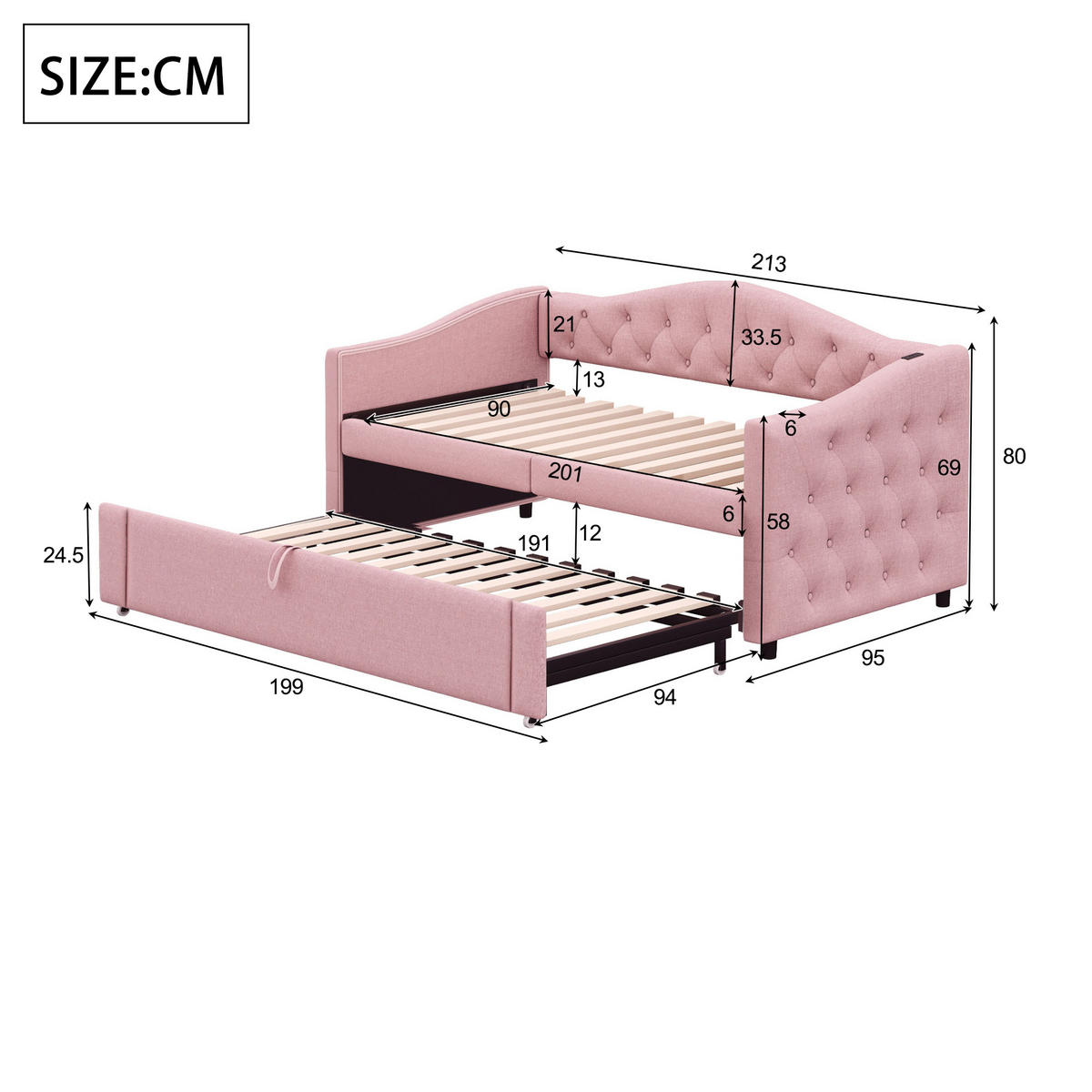 POLSTERBETT 90/200 cm rosa Schlafsofa mit USB-Anschluss und Lattenrost - Pink, Textil (90/200cm) - OKWISH