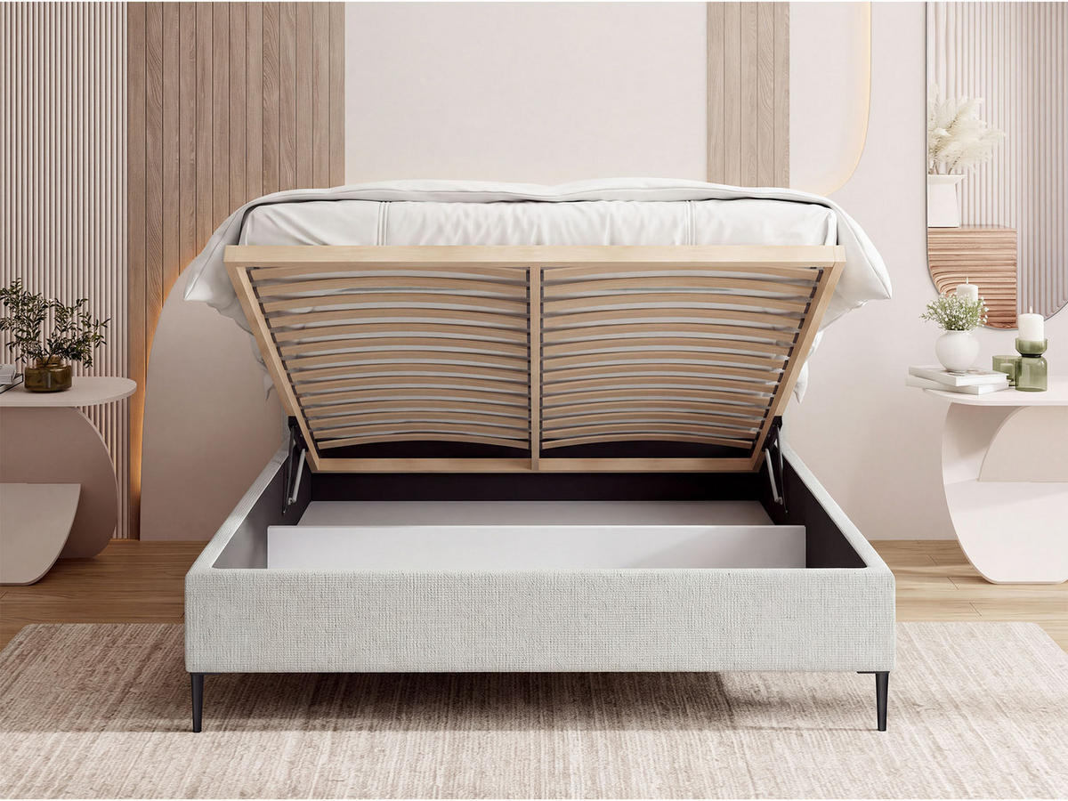 POLSTERBETT Jasmine Slim mit Bettkasten, Lattenrost & hohen Metallfüßen in Dunkelblau Chenille 140x200 cm - Birkefarben/Schwarz, Holz/Textil (140/200cm) - WFL GROUP