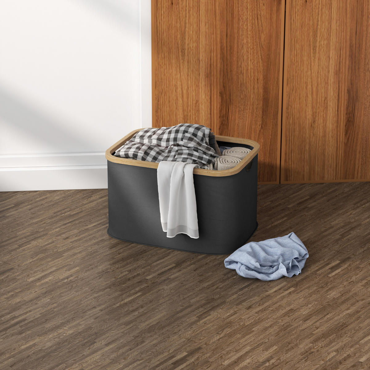 WÄSCHEKORB DE-18805 klappbar, 36L mit Bambusgriffen Schwarz - Schwarz, Textil (44.3/26.5/33.3cm) - ComfortXL