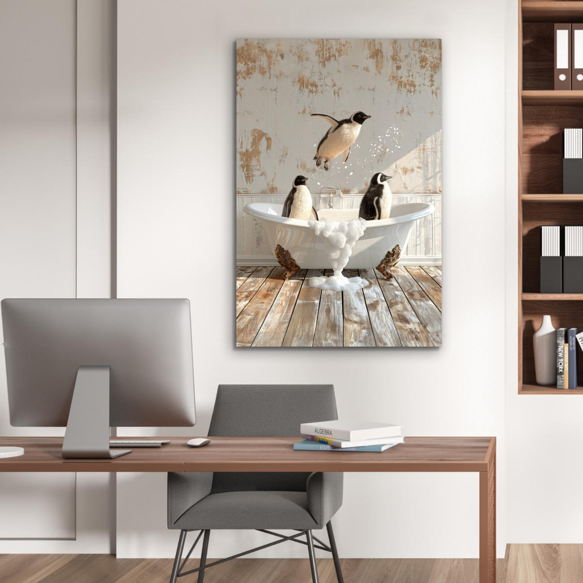 METALLBILD Vintage - Pinguin - Badewanne - Schaumstoff 60x90 cm - Schwarz, Metall (60/90cm) - MuchoWow