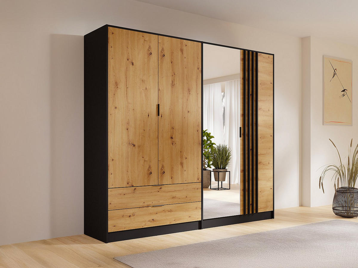 KLEIDERSCHRANK - 220.5 cm x 54 cm - Holz, Platte - Schwarz, Naturfarben Hell - TUNALO - Schwarz/Naturfarben, Holz (220.5/203/54cm) - Vente-Unique