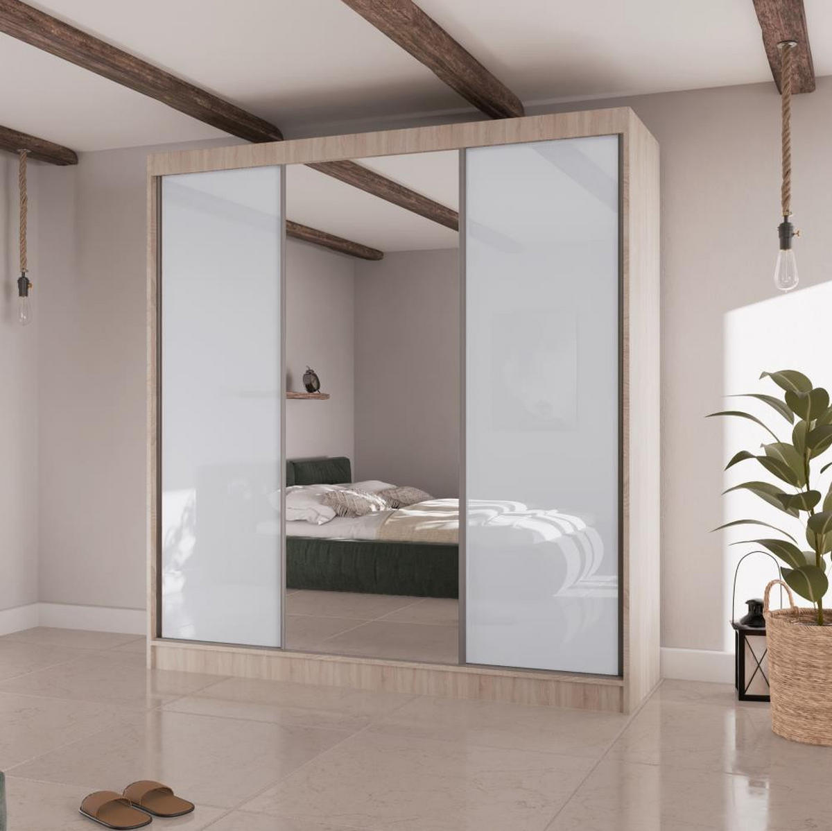 SCHWEBETÜRENSCHRANK Velis II 200/61/215 eiche sonoma+weiß - Weiß/Sonoma Eiche, Holzwerkstoff (200/215/61cm) - Beautysofa