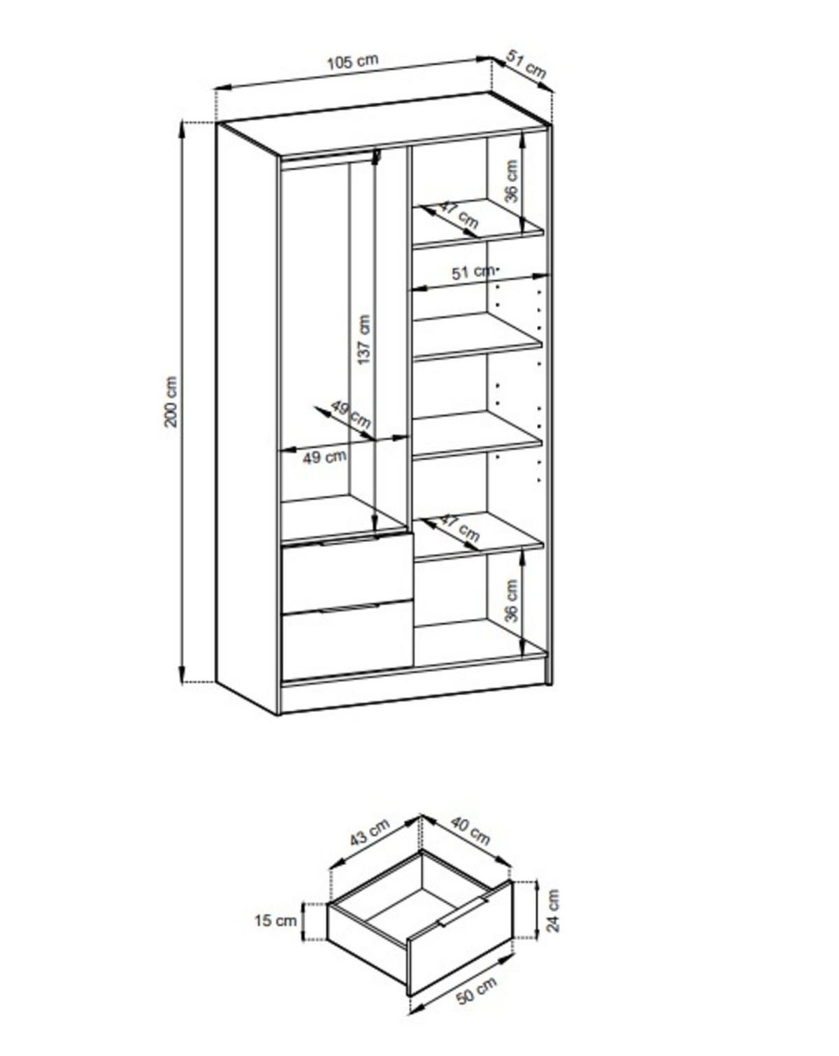 DREHTÜRENSCHRANK - John 2D ohne Spiegel Graphit + artisan - Graphitfarben, Holzwerkstoff/Metall (105/200/51cm) - Möblo