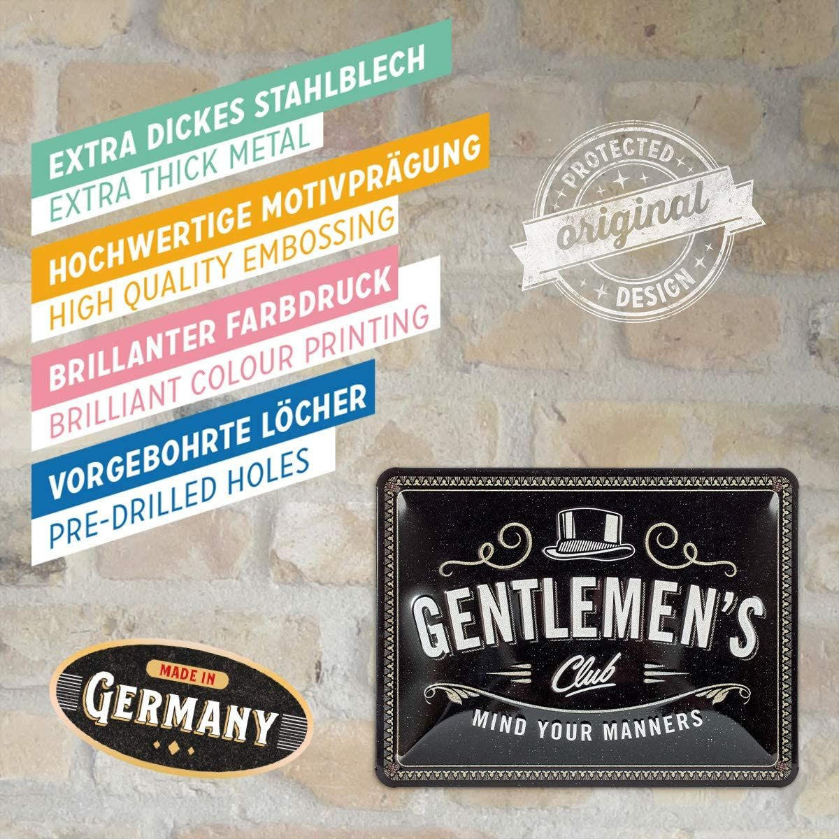 BLECHSCHILD 15/20 cm Achtung Gentlemen's Club - Multicolor, Metall (20/15/0.5cm) - Nostalgic-Art