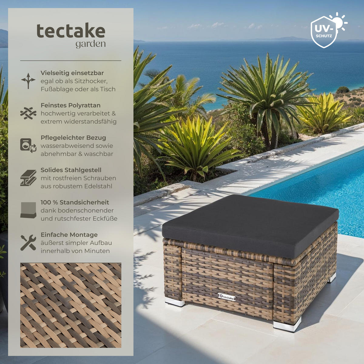 RATTAN-SITZHOCKER Bitonto,53 x 53 x 26 cm,natur - Naturfarben, Kunststoff (53/26/53cm) - tectake