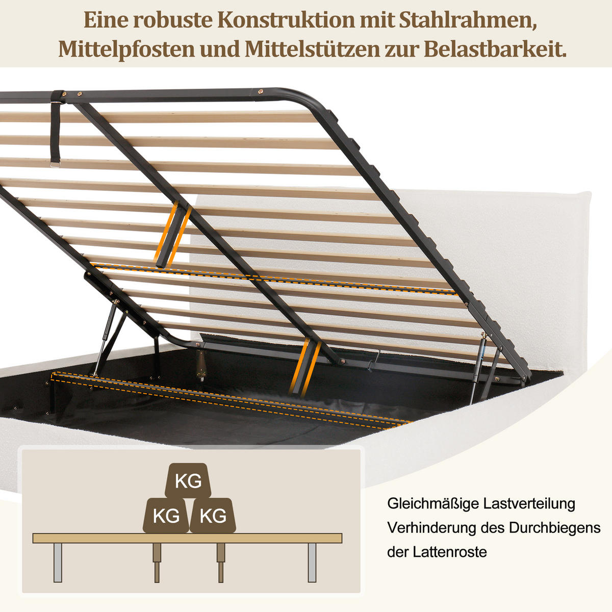 POLSTERBETT 180/200 cm in Weiß mit Bettkasten und Lattenrost Bouclé - Weiß/Naturfarben, Holzwerkstoff/Textil (180/200cm) - STILVORA