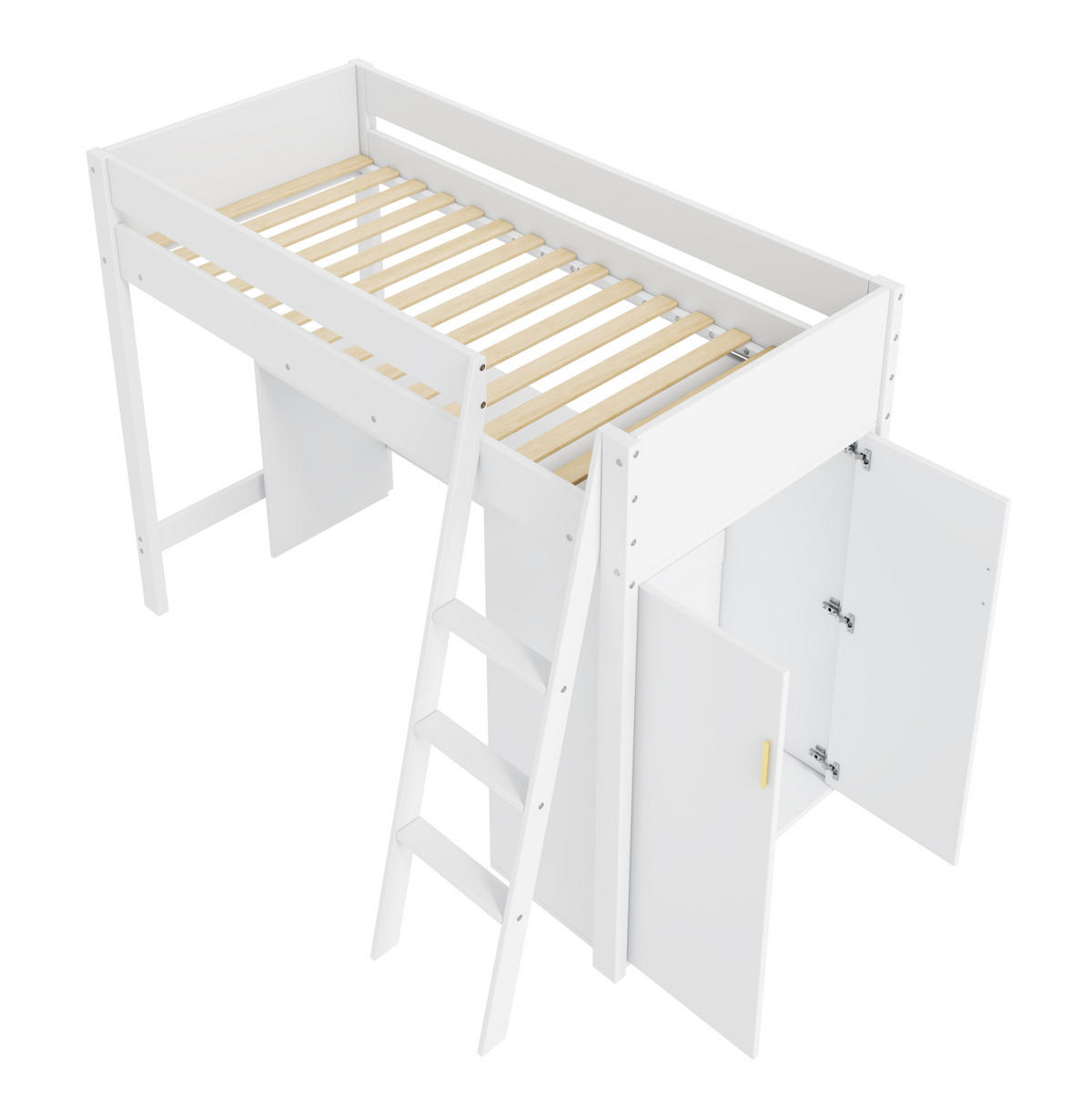 HOCHBETT 90/200 cm mit Schreibtisch, Kleiderschrank, Leiter und Lattenrost aus Massivholz, Weiß - Weiß, Holz (90/200cm) - Redom