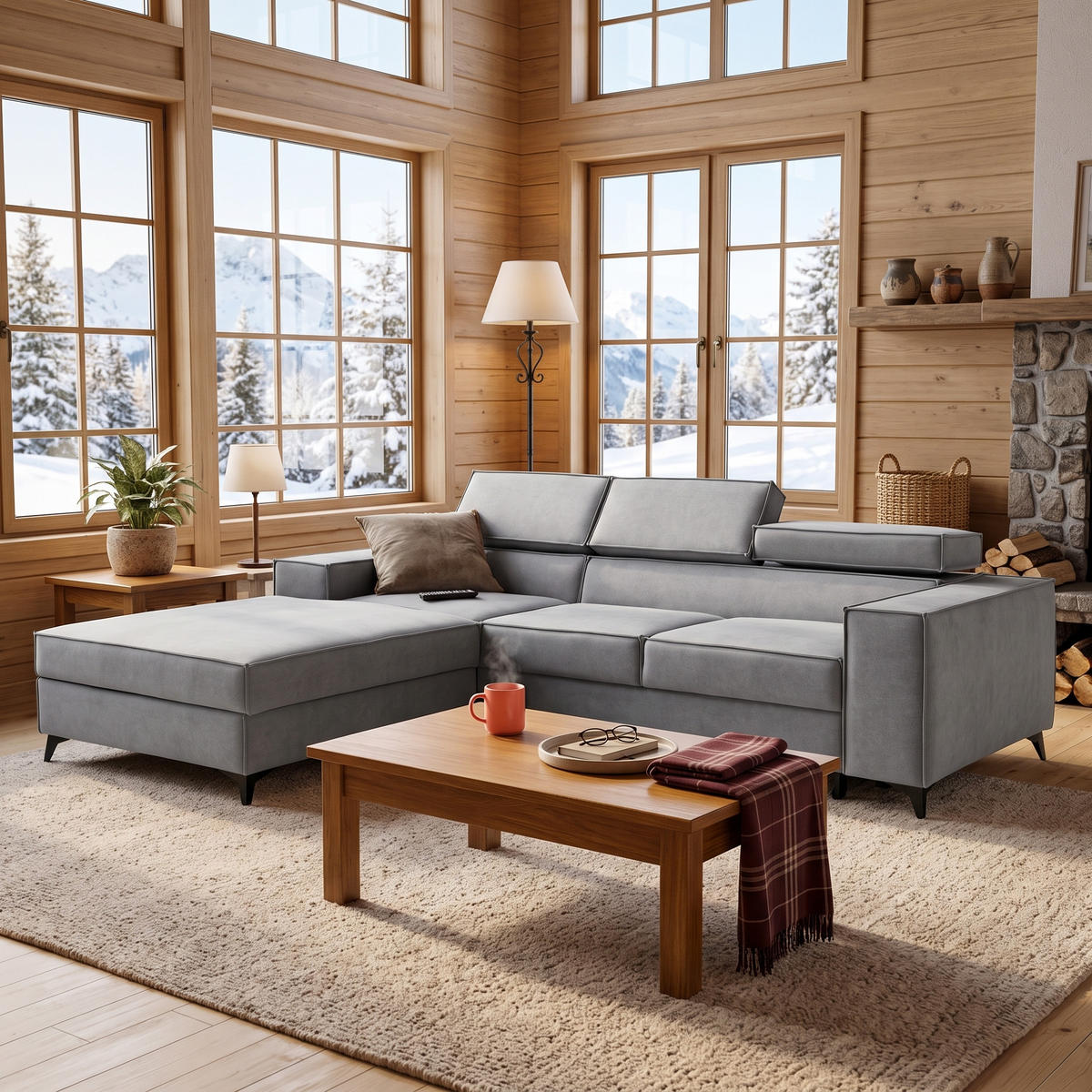 ECKSOFA PURE S Links mit Schlaffunktion 127x215 Velours Hellgrau - Hellgrau/Schwarz, Holz/Textil (281/204cm) - Muffo