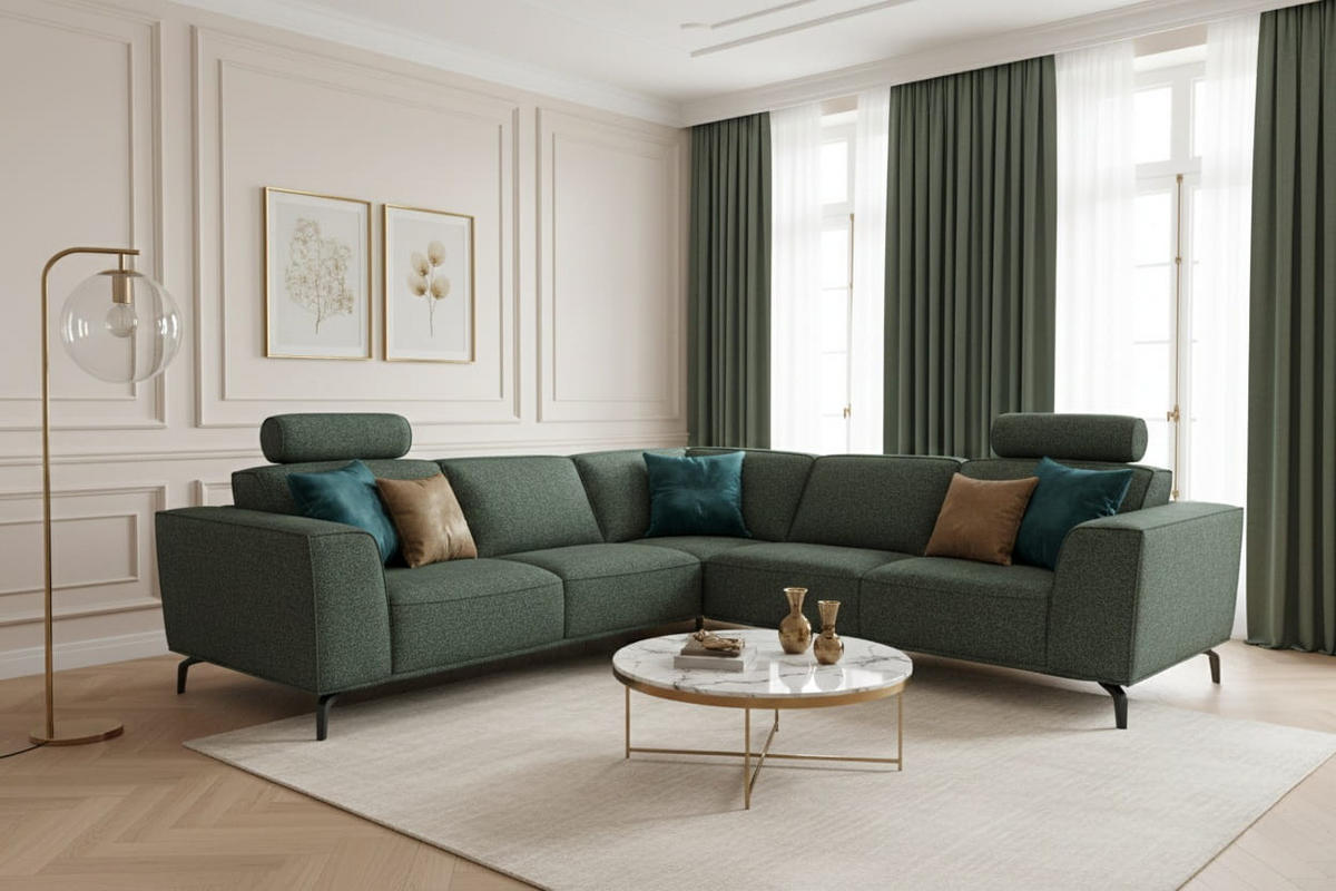 MODULARES Ecksofa Selena - Dunkelgrün, Verstellbare Kopfstützen und Metall Füßen - Dunkelgrün/Schwarz, Kunststoff/Textil (260/260cm) - KS Home Concept