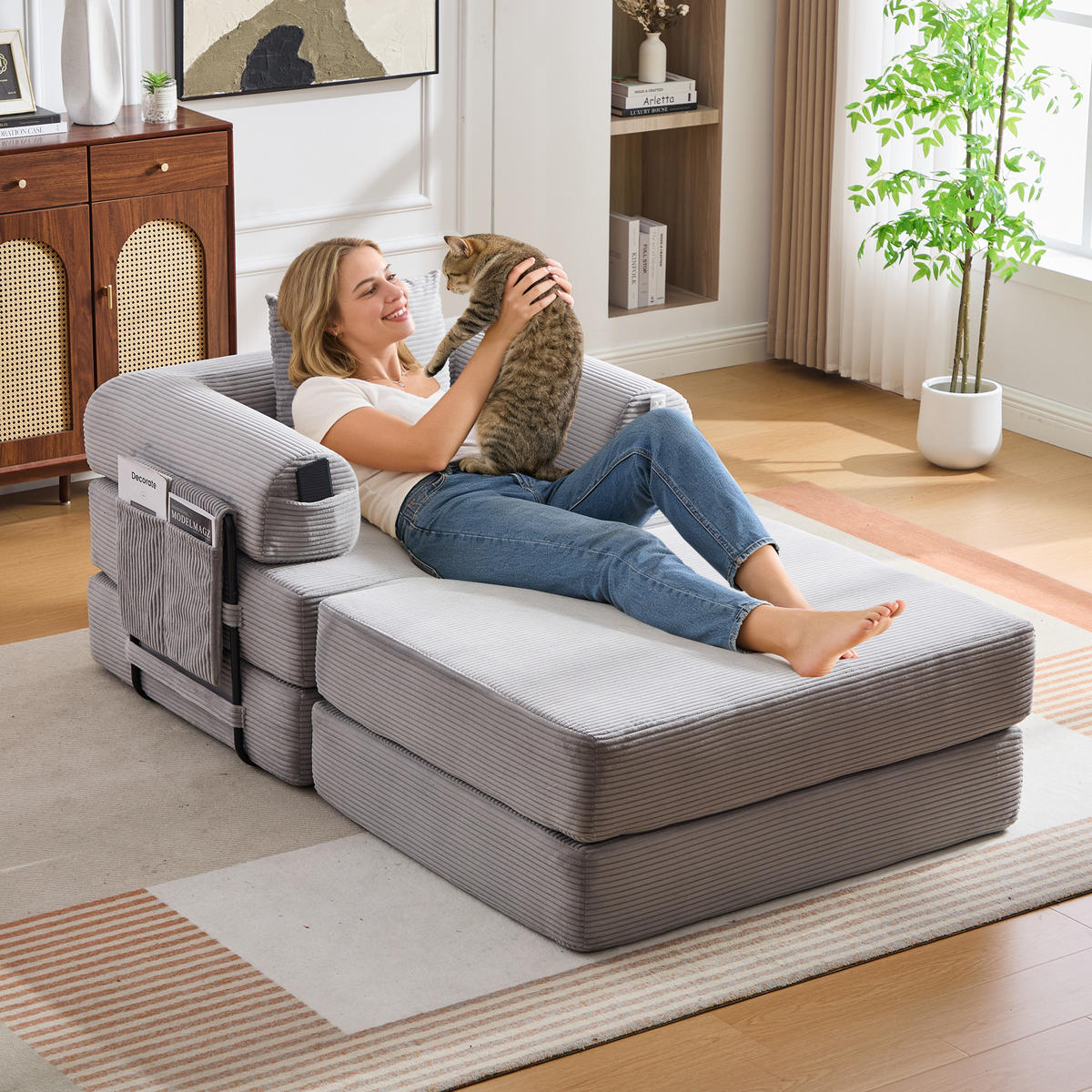 SOFA Cord Hellgrau mit Kissen und Hocker - Hellgrau, Textil/Metall (112/67/190cm) - WISHDOR