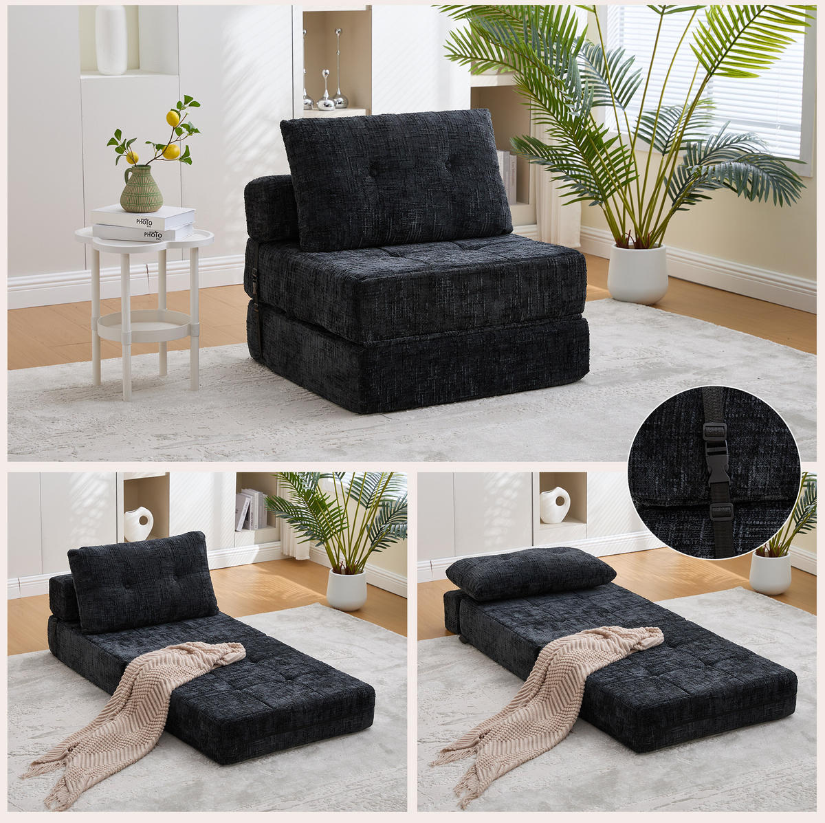 SCHLAFSOFA 79/180 cm Liegefläche – armlehnenlos, faltbar, mit Kissen - Schwarz, Textil (79/57/79cm) - BEAOK