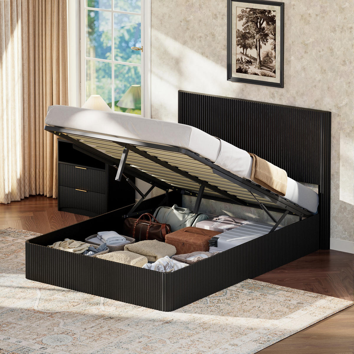 BETT 140/200 cm in Schwarz mit Stauraum und Lift-System - Schwarz, Holzwerkstoff/Metall (140/200cm) - WISHDOR