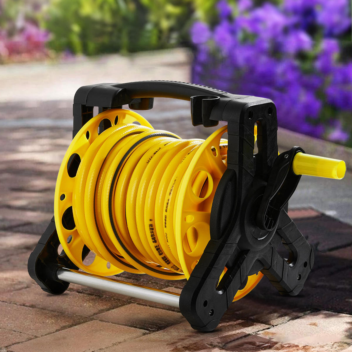 GARTENSCHLAUCHWAGEN-SET in gelb/schwarz mit Aufroller 25m manuelle Handkurbel 3 Sprühmodi Hochdruckspritzpistole - Gelb, Kunststoff (35cm) - Livingandhome
