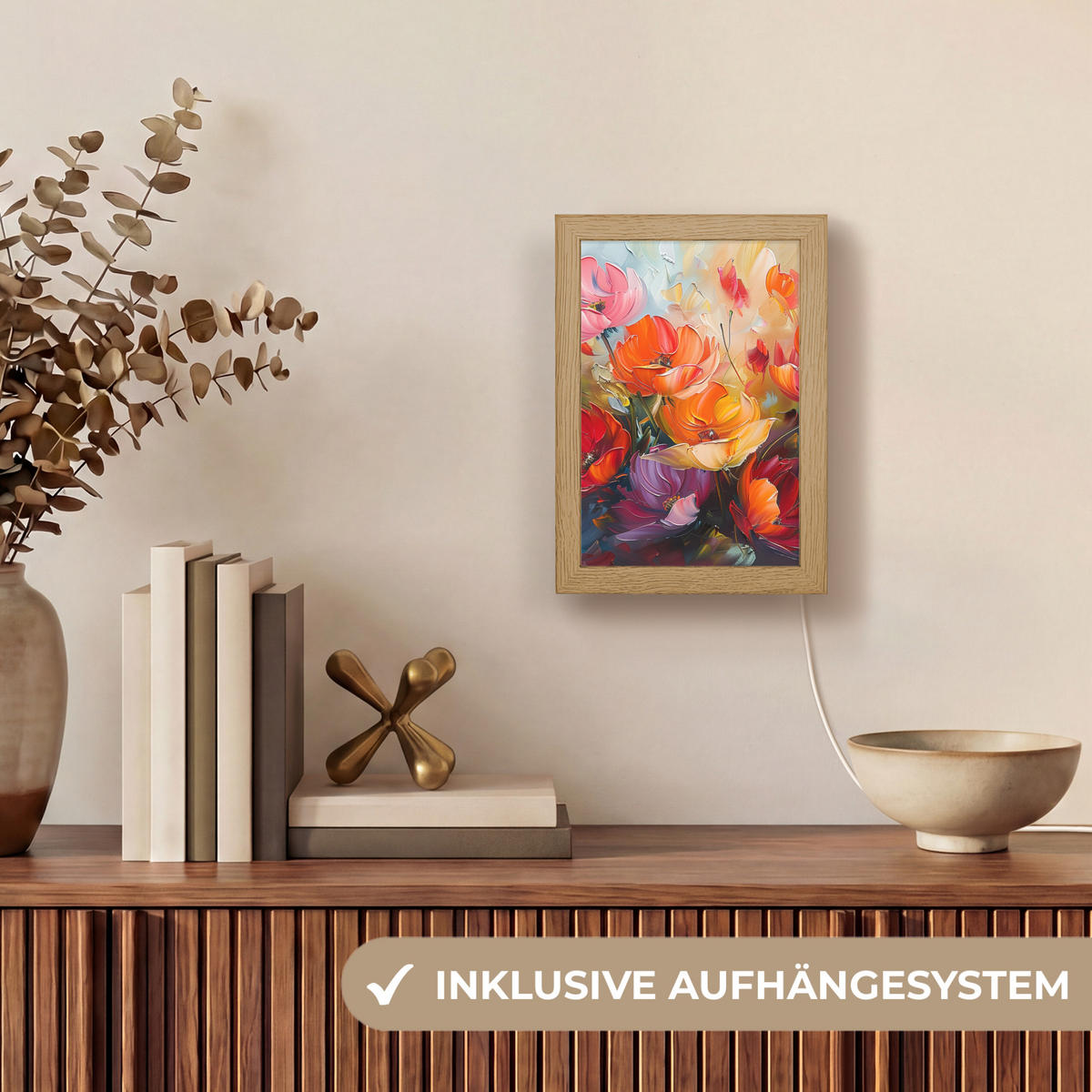 STOLNÍ LAMPA Květiny - barevné - malba - abstraktní - umění 15x20 cm - barva hliníku, kompozitní dřevo (8/15/20cm) - OnlyWow