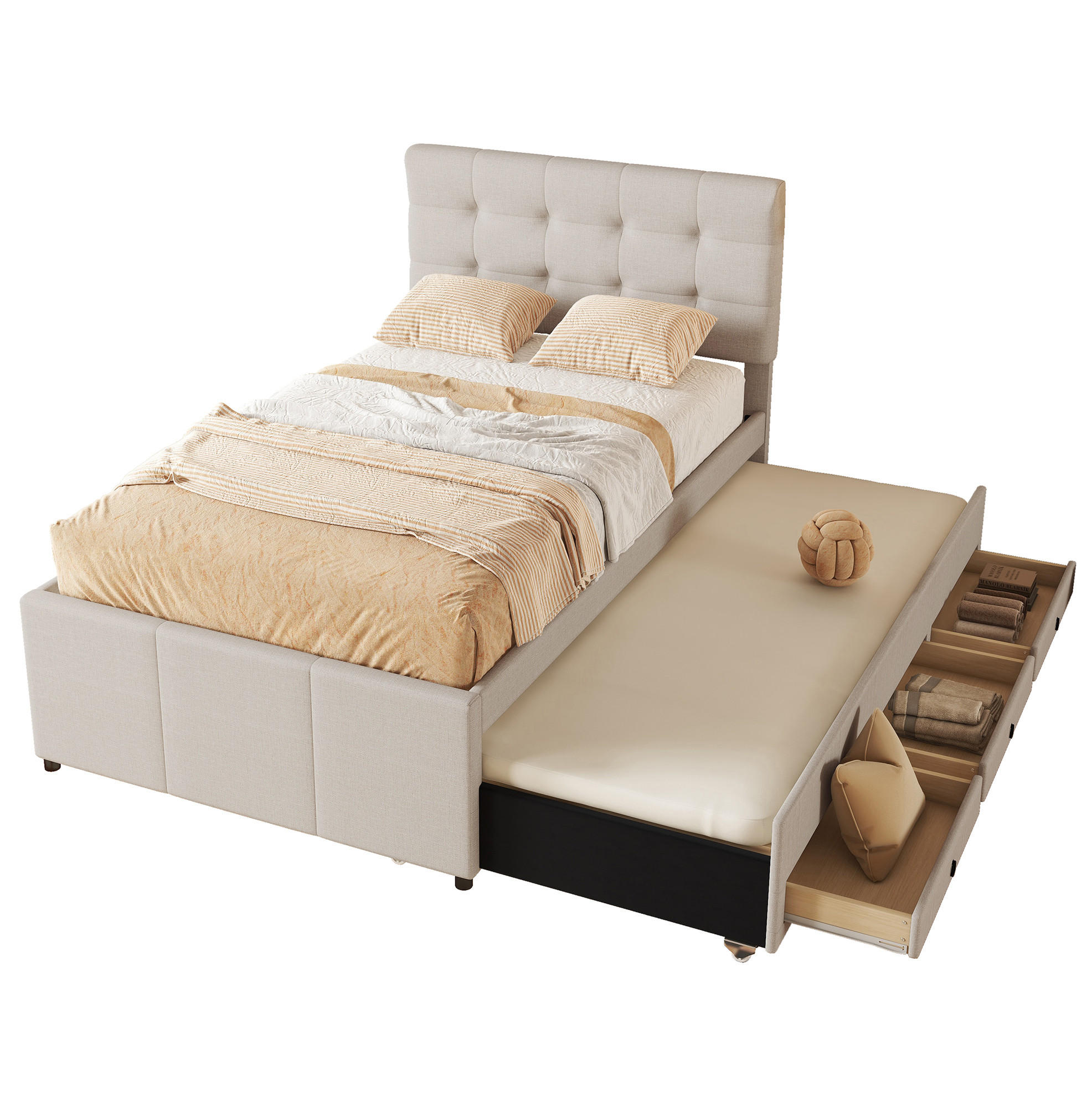 OKWISH ČALOUNĚNÁ postel 90/200 cm béžová ze lnu s výsuvným lůžkem a 3 zásuvkami