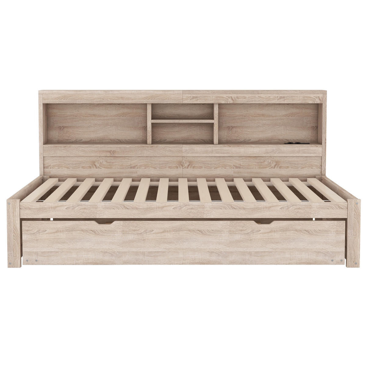 TAGESBETT aus Spanplatte und MDF 90x200 cm Natur mit Ausziehbett, Ambientebeleuchtung und USB-Anschluss - Naturfarben, Holzwerkstoff (90/200cm) - IVMEU