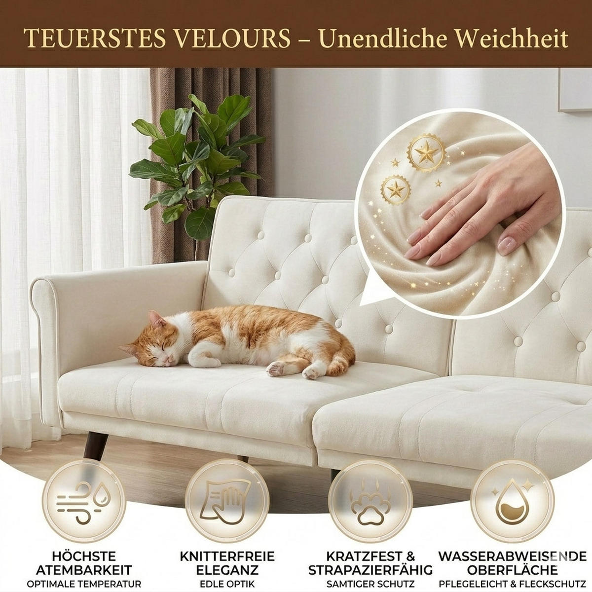 SCHLAFSOFA 150/89/70 cm in Beige Samt mit Verstellbarer Rückenlehne - Beige, Textil (172/70/89cm) - Oxeza
