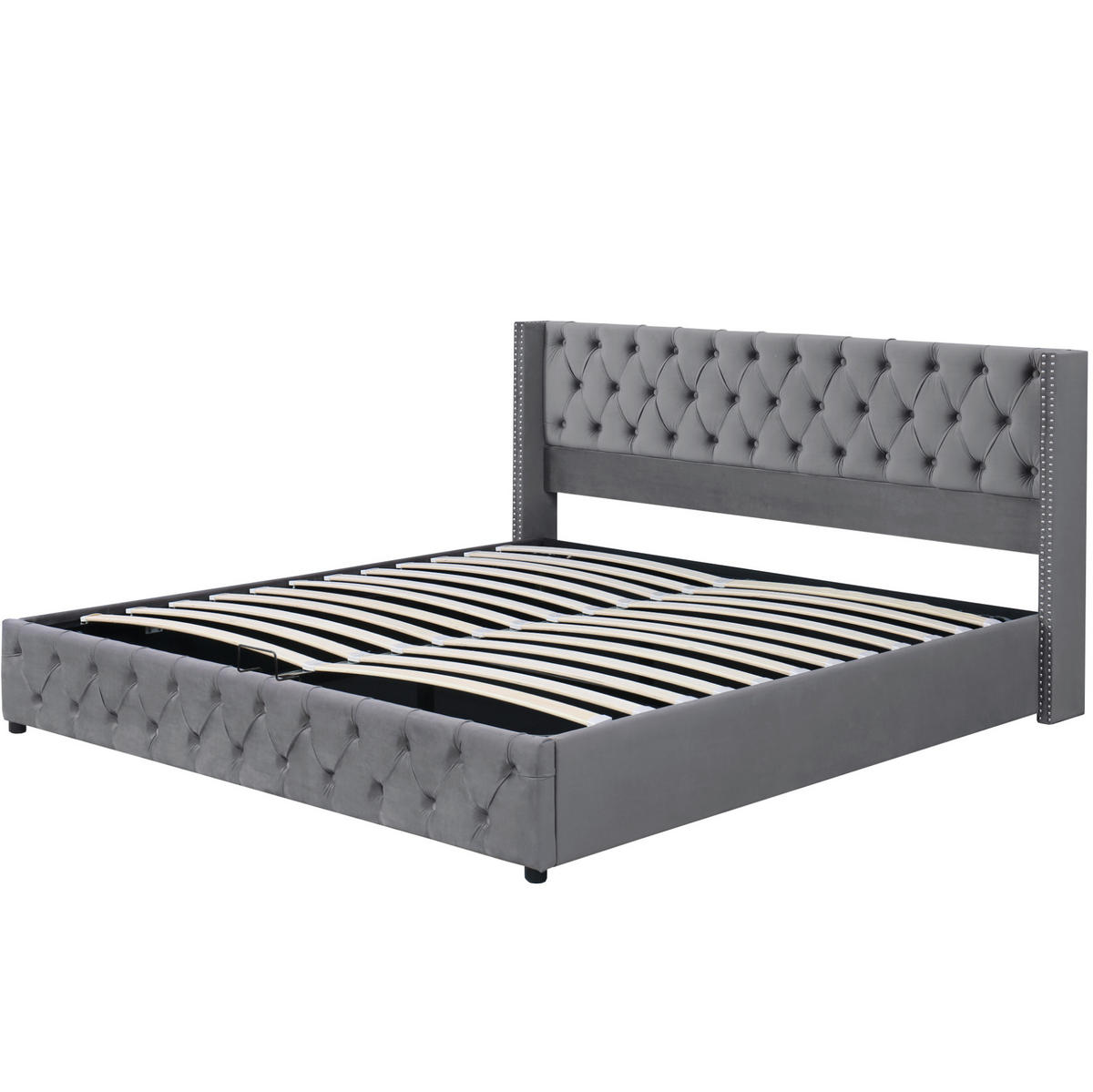 POLSTERBETT 180/200 cm mit hydraulischem Bettkasten, Chesterfield-Design, Samt Grau - Grau, Textil (180/200cm) - Redom