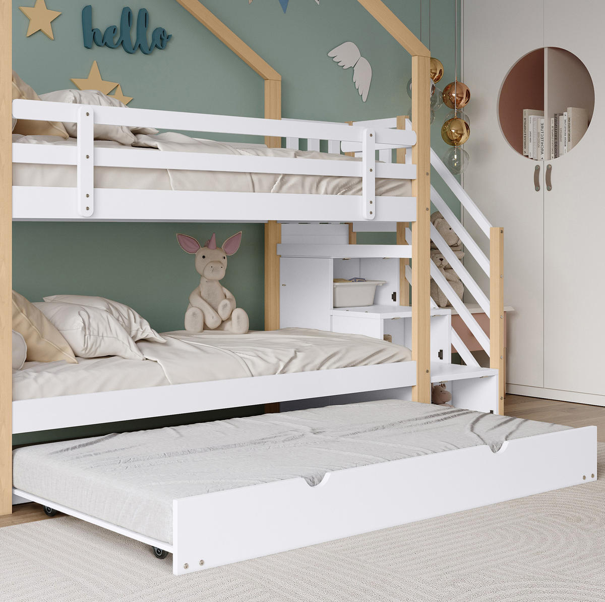 POSCHODOVÁ posteľ 90/200 a 90/190 cm biela/prírodná s výsuvným lôžkom a schodmi so zásuvkami z masívu a MDF - biela, drevo (90/200cm) - OKWISH