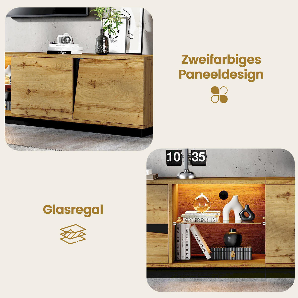 TV-LOWBOARD 170cm MDF Weiß Riffel-Optik 5 Türen Eisenfüße & Griffe - Naturfarben, Holzwerkstoff (180/45/35cm) - Urban Meuble